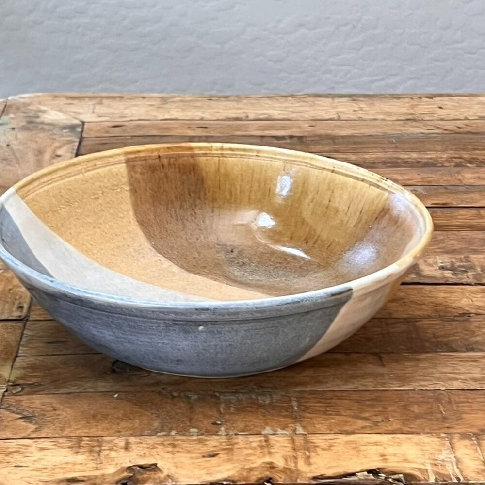 Studio Art Pottery Clay Salad Bowl 10" Porcelain Brown Ivory Blue Swirl